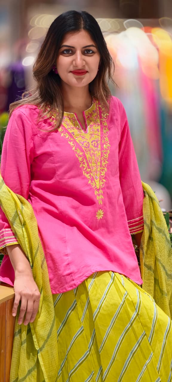 Neon Shade Embroidered V-Yoke Short Length Kurta With Leheriya Skirt Bottom & Matching Dupatta- 16952