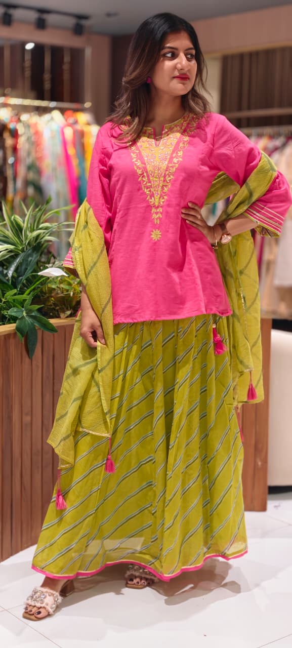 Neon Shade Embroidered V-Yoke Short Length Kurta With Leheriya Skirt Bottom & Matching Dupatta- 16952