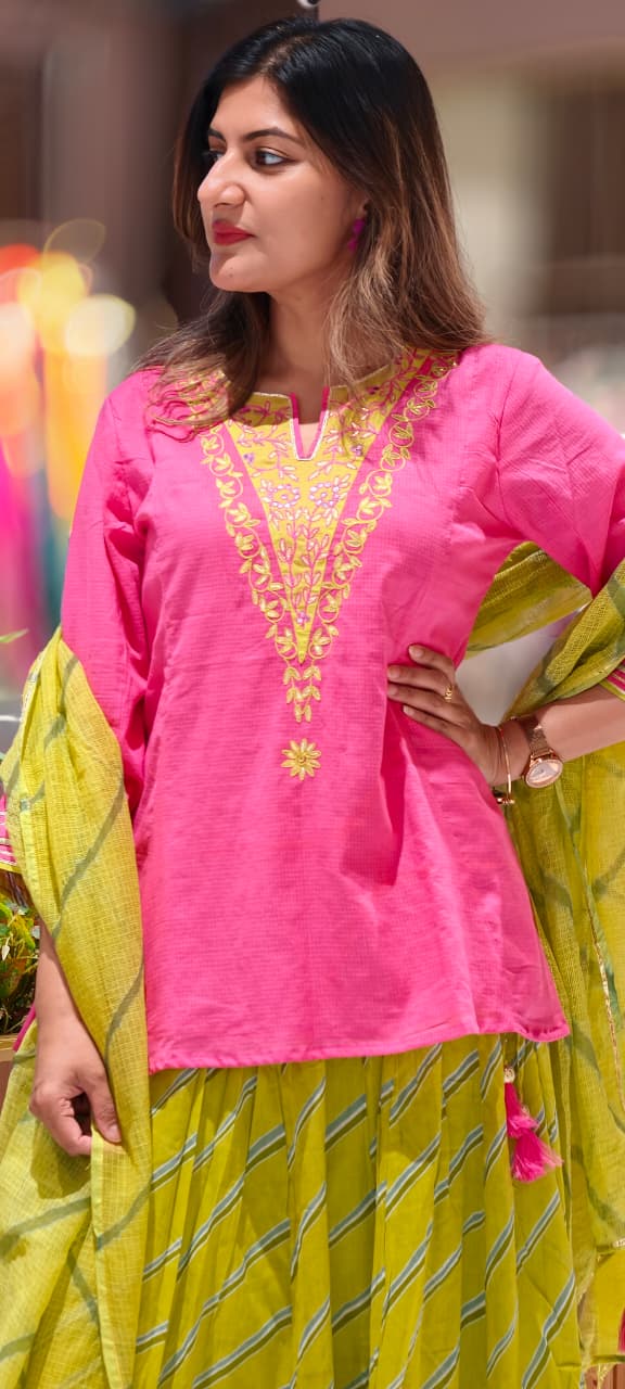 Neon Shade Embroidered V-Yoke Short Length Kurta With Leheriya Skirt Bottom & Matching Dupatta- 16952