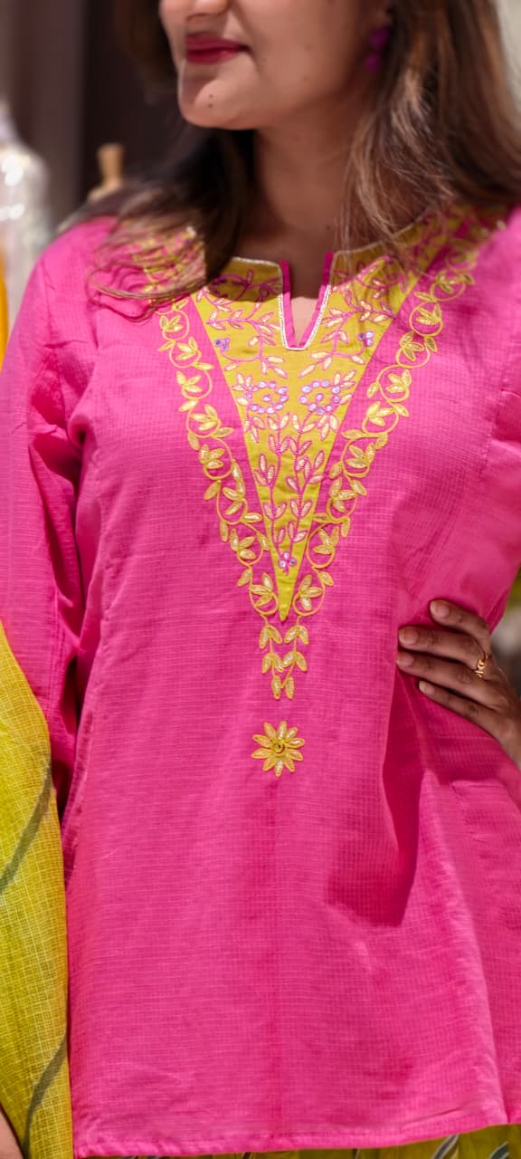 Neon Shade Embroidered V-Yoke Short Length Kurta With Leheriya Skirt Bottom & Matching Dupatta- 16952