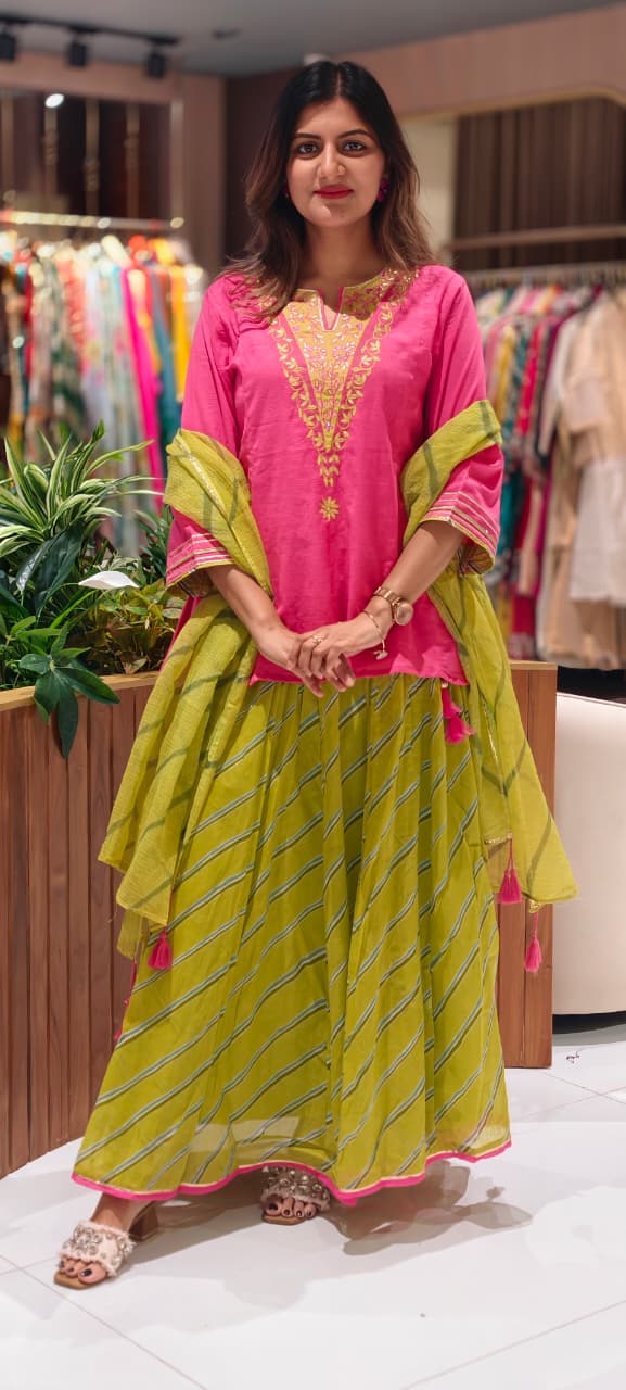 Neon Shade Embroidered V-Yoke Short Length Kurta With Leheriya Skirt Bottom & Matching Dupatta- 16952