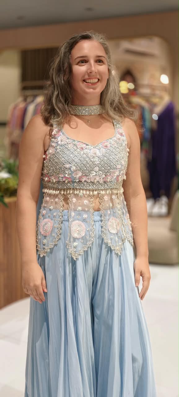 Aqua Ethereal Glow Pearl Luxe Hand Embroidered Fringe Crop-Top With Flared Palazzo Bottom & Chowker Dupatta- 15408