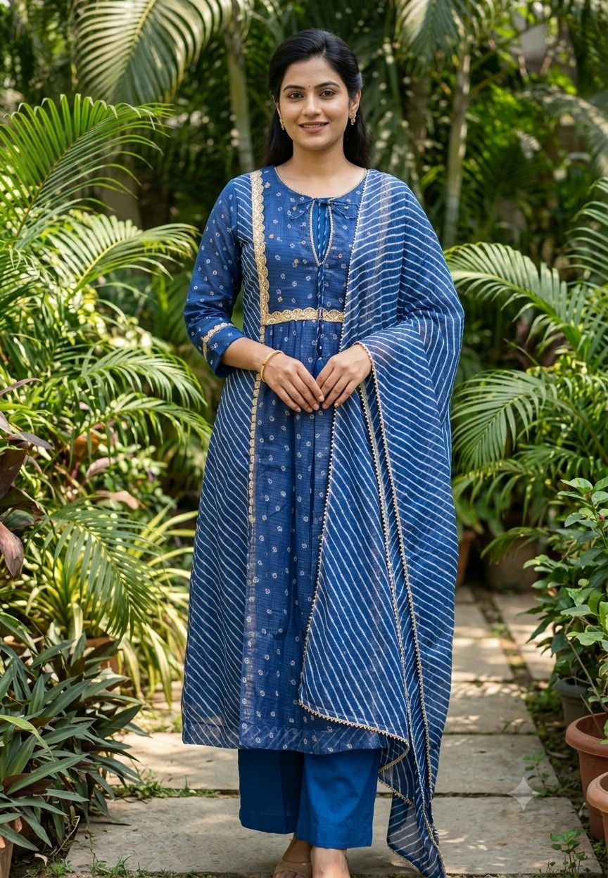 Dusty Blue Rich Golden Embroidery Highlights Kota Doria Bandhani Dots A-Line Full Suit Set With Dupatta- 15986