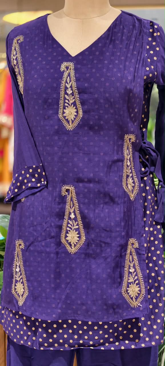 Pyramid Mango Buti Embroidered Overlay Side Knotted Kurta With Matching Bottom Set- 16937