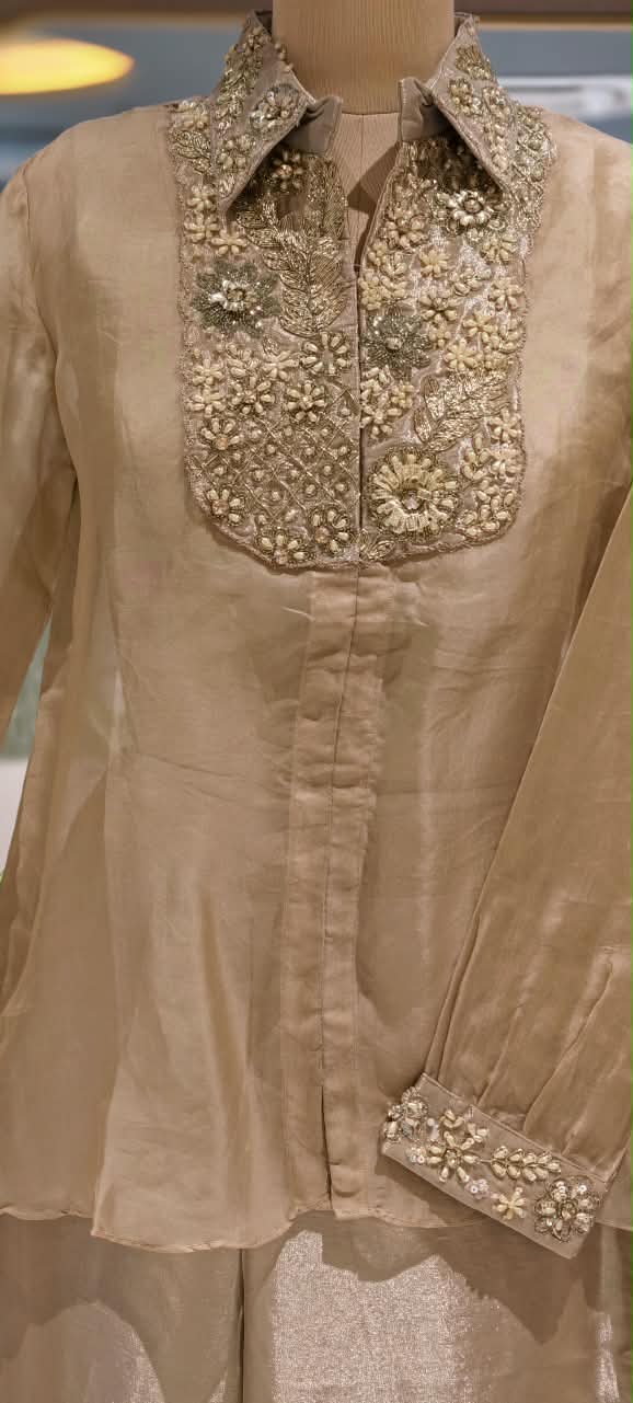 Elegant Champagne Gold Tissue Cord Set with Bustier, Designer Embroidered Shirt & Stylish Tissue Tapered Palazzo Pants- 16894