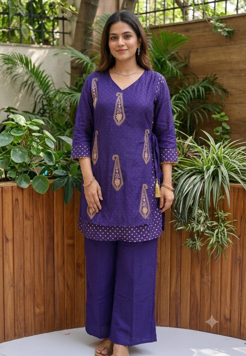 Pyramid Mango Buti Embroidered Overlay Side Knotted Kurta With Matching Bottom Set- 16937