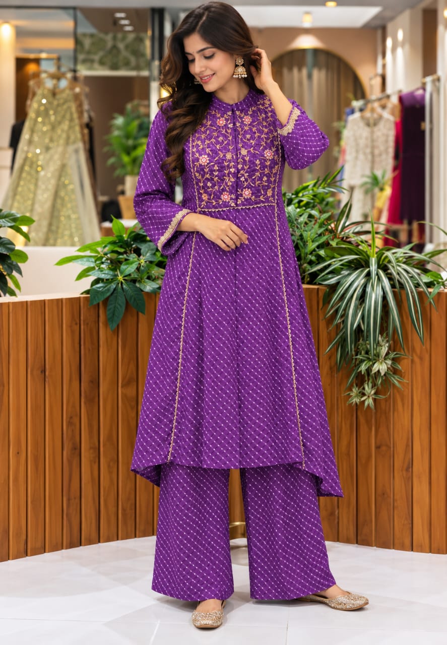 Royal Purple Chanderi Embroidered Aline Kurta Pant with Intricate Floral Zari Threadwork Bandani Print Set- 16906