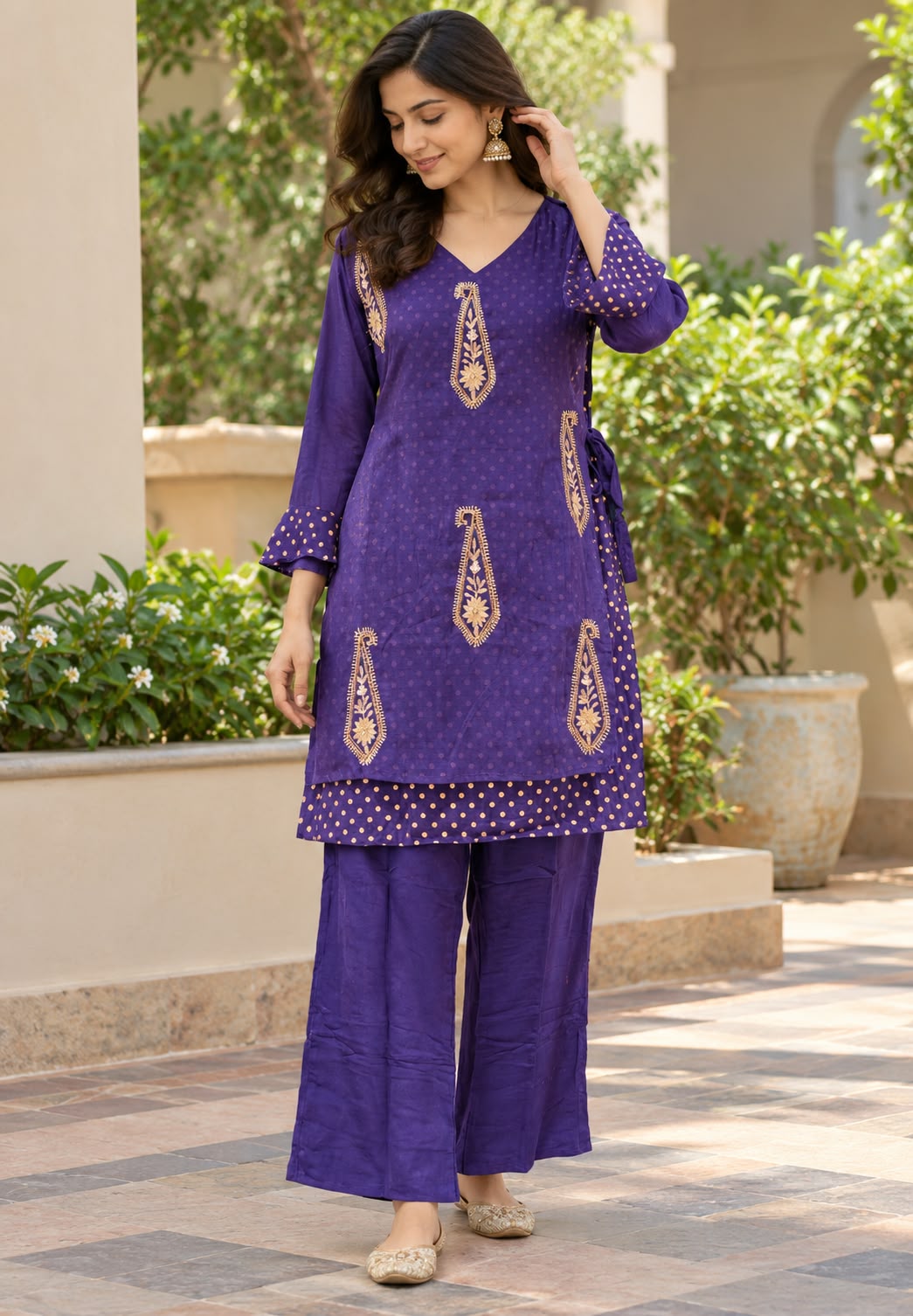 Pyramid Mango Buti Embroidered Overlay Side Knotted Kurta With Matching Bottom Set- 16937