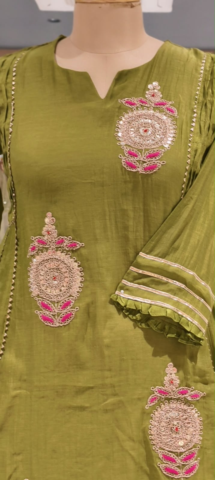 Pure Mulchanderi Scattered Embroidered A-line Short Length Kurta with Tulip Bottom- 16930