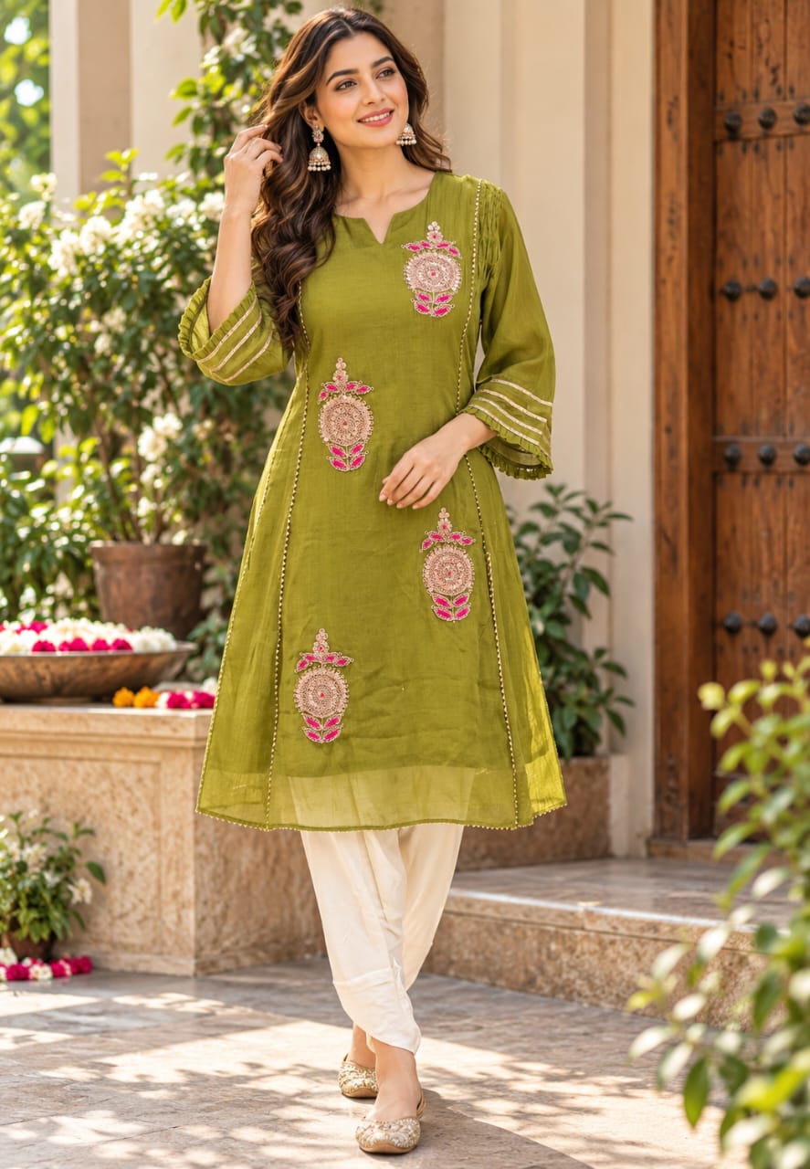 Pure Mulchanderi Scattered Embroidered A-line Short Length Kurta with Tulip Bottom- 16930