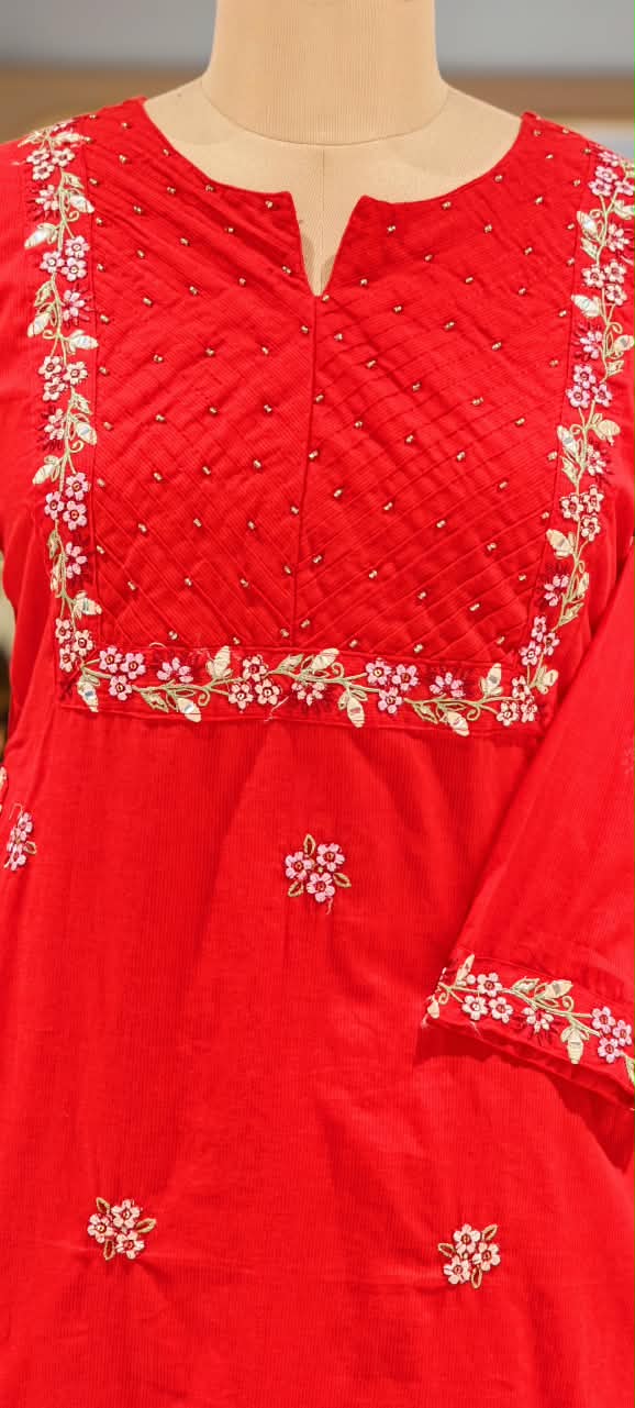 Fine Floral Embroidery Outlines Soft Cotton Matching Full Suit Set With Dupatta- 16980