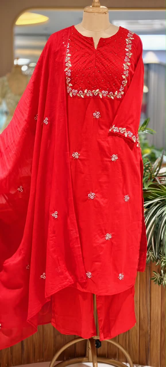 Fine Floral Embroidery Outlines Soft Cotton Matching Full Suit Set With Dupatta- 16980