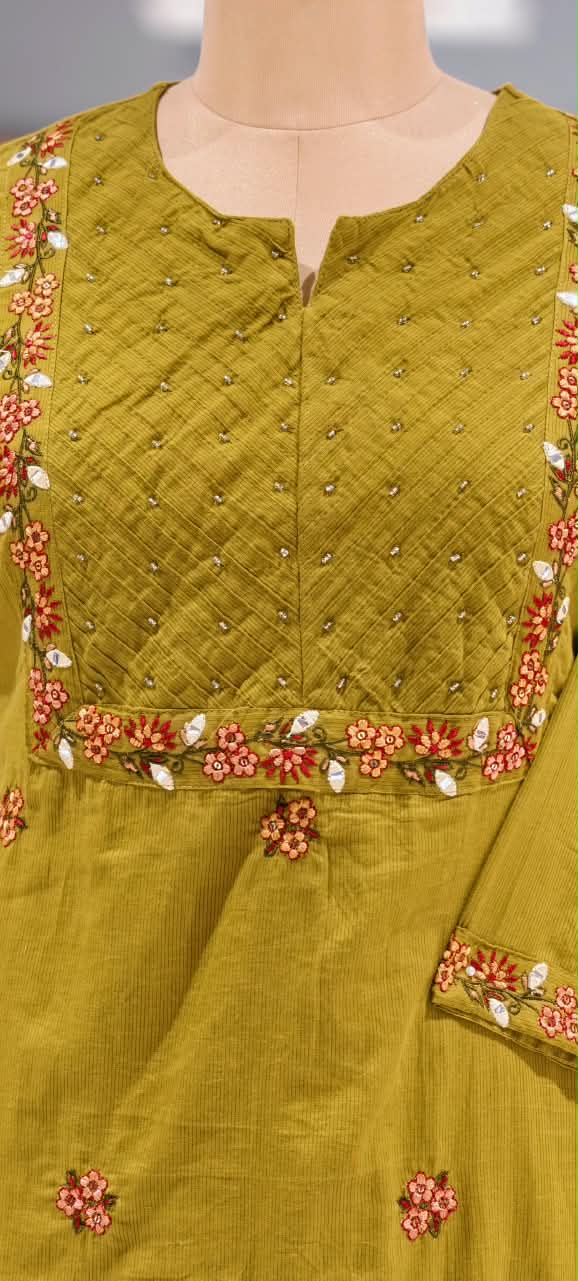 Fine Floral Embroidery Outlines Soft Cotton Matching Full Suit Set With Dupatta- 16980