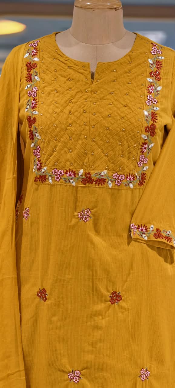 Fine Floral Embroidery Outlines Soft Cotton Matching Full Suit Set With Dupatta- 16980