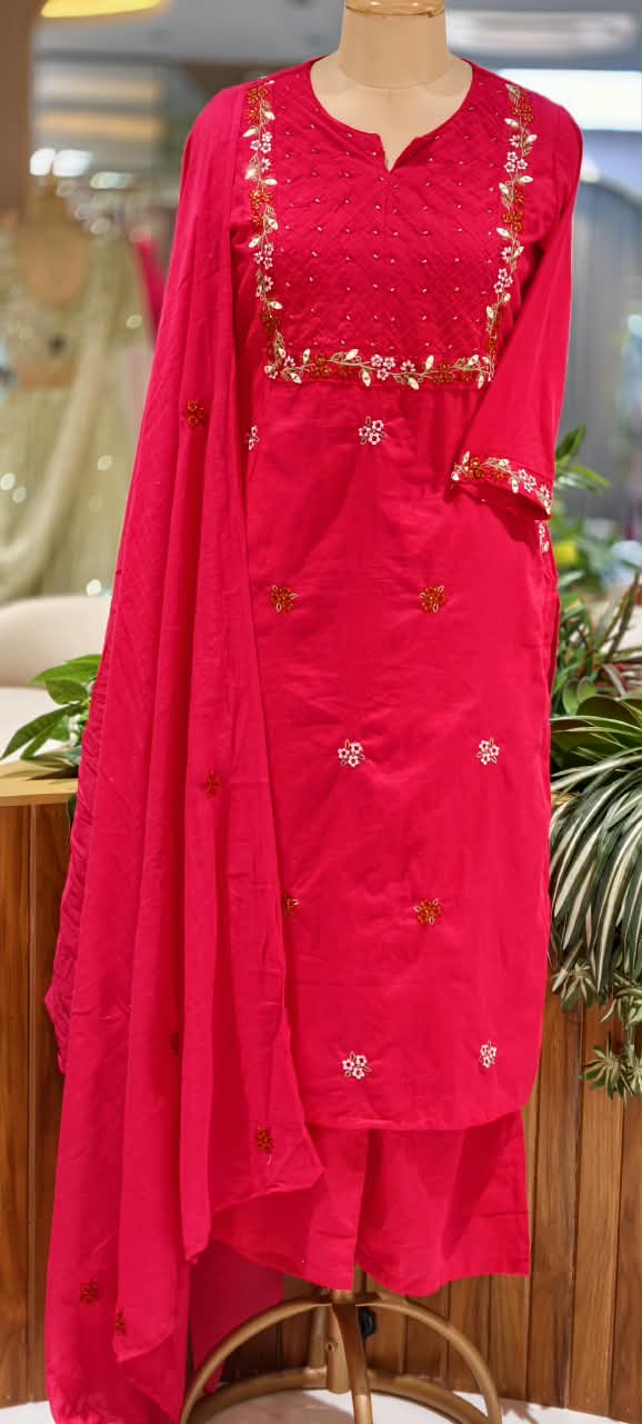 Fine Floral Embroidery Outlines Soft Cotton Matching Full Suit Set With Dupatta- 16980