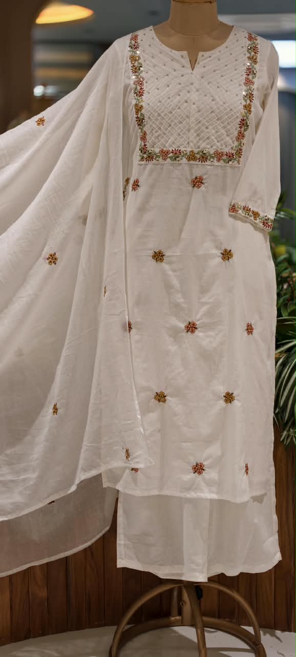 Fine Floral Embroidery Outlines Soft Cotton Matching Full Suit Set With Dupatta- 16980