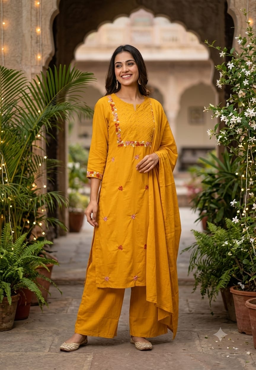 Fine Floral Embroidery Outlines Soft Cotton Matching Full Suit Set With Dupatta- 16980