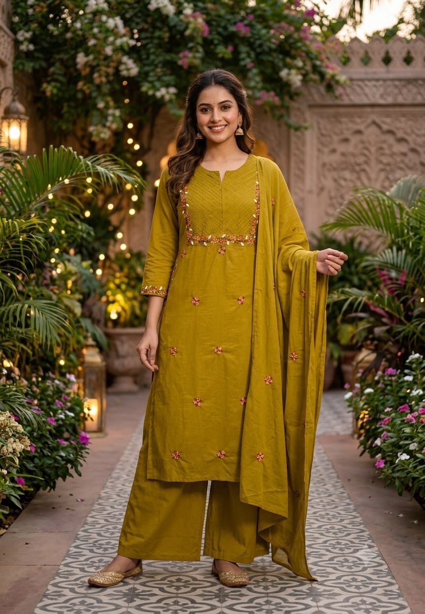 Fine Floral Embroidery Outlines Soft Cotton Matching Full Suit Set With Dupatta- 16980