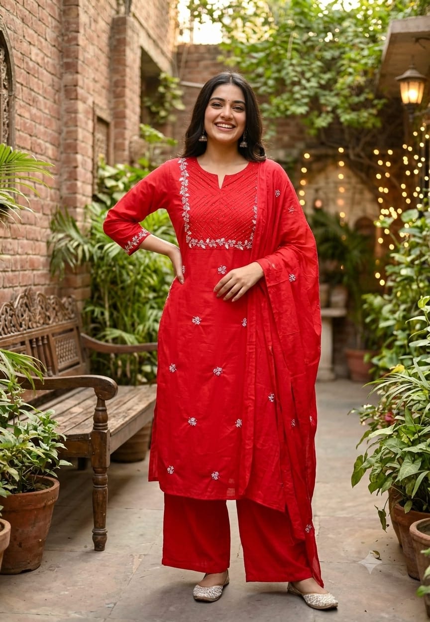 Fine Floral Embroidery Outlines Soft Cotton Matching Full Suit Set With Dupatta- 16980