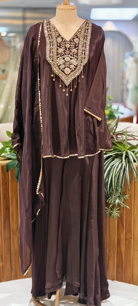 Pure Crepe Flare Embroidered Yoke Short Top Flare Palazzo Full Suit Set 16995