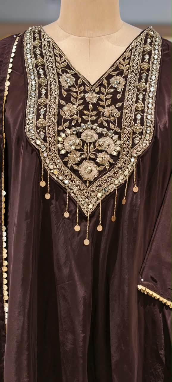 Pure Crepe Flare Embroidered Yoke Short Top Flare Palazzo Full Suit Set 16995
