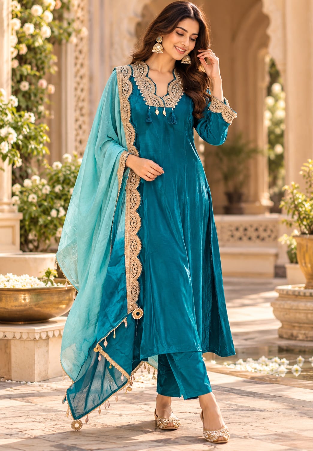 Pure crepe Broad Lace Aline solid Shade Full suit with Shaded Organza Dupatta 16996