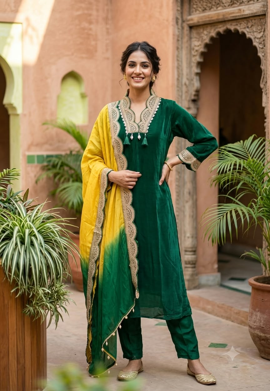 Pure crepe Broad Lace Aline solid Shade Full suit with Shaded Organza Dupatta 16996