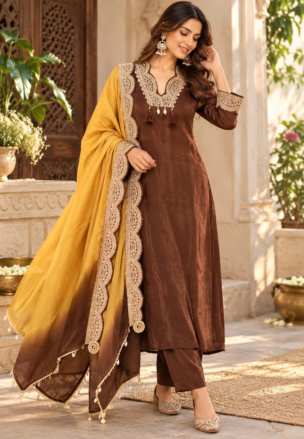 Pure crepe Broad Lace Aline solid Shade Full suit with Shaded Organza Dupatta 16996