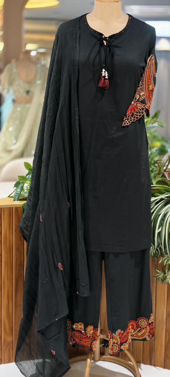 Intricate Multicolour Paisley Scalloped Floral Embroidery Tassel-Tie Neckline Cotton Full Suit Set With Dupatta- 16981