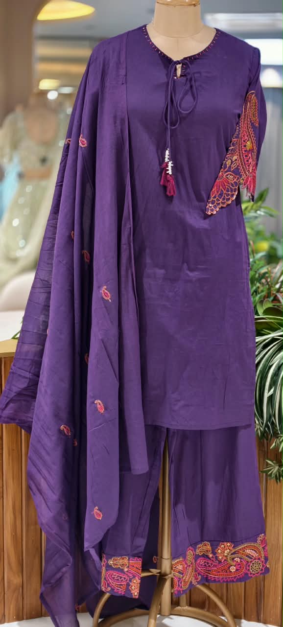 Intricate Multicolour Paisley Scalloped Floral Embroidery Tassel-Tie Neckline Cotton Full Suit Set With Dupatta- 16981