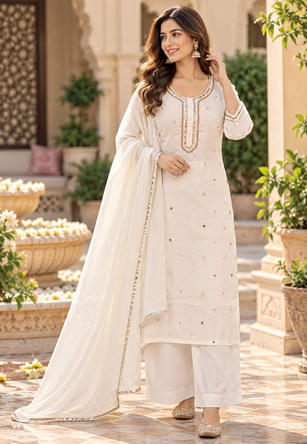 Beautiful Foil Mirror Work Mulcotton Straight Cut Solid Color Matching Full Suit Set With Dupatta- 16990