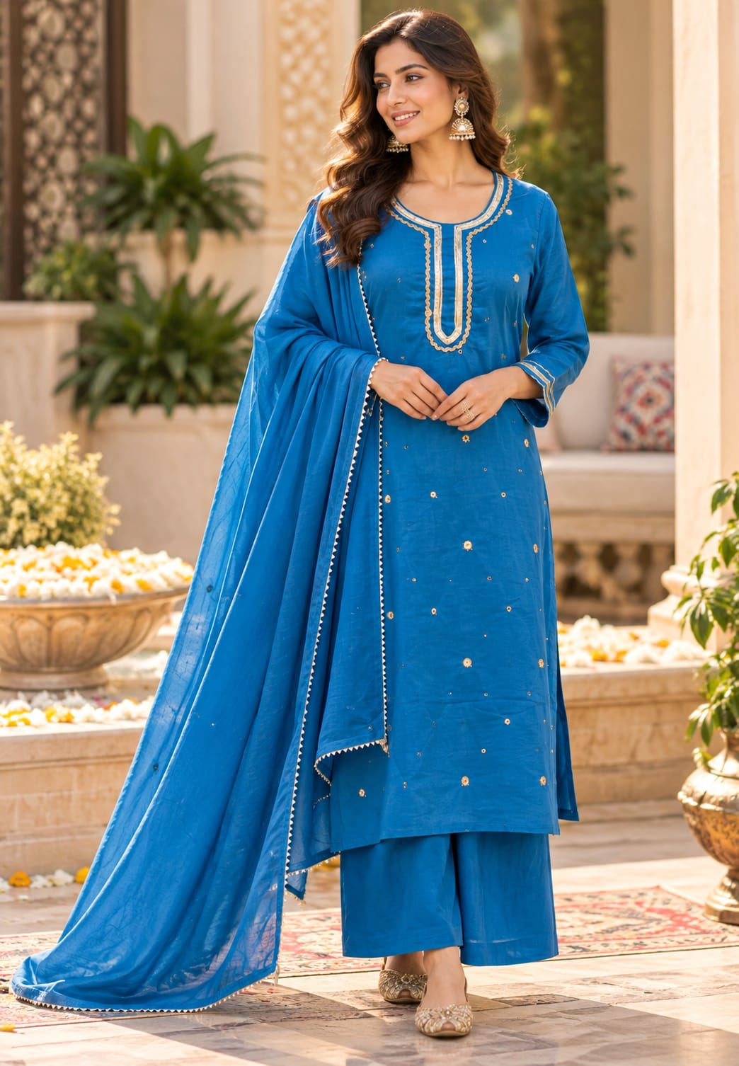 Beautiful Foil Mirror Work Mulcotton Straight Cut Solid Color Matching Full Suit Set With Dupatta- 16990