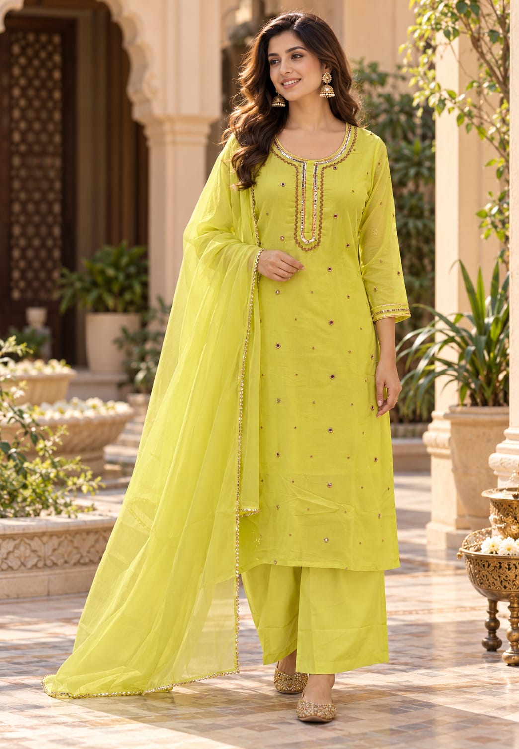 Beautiful Foil Mirror Work Mulcotton Straight Cut Solid Color Matching Full Suit Set With Dupatta- 16990