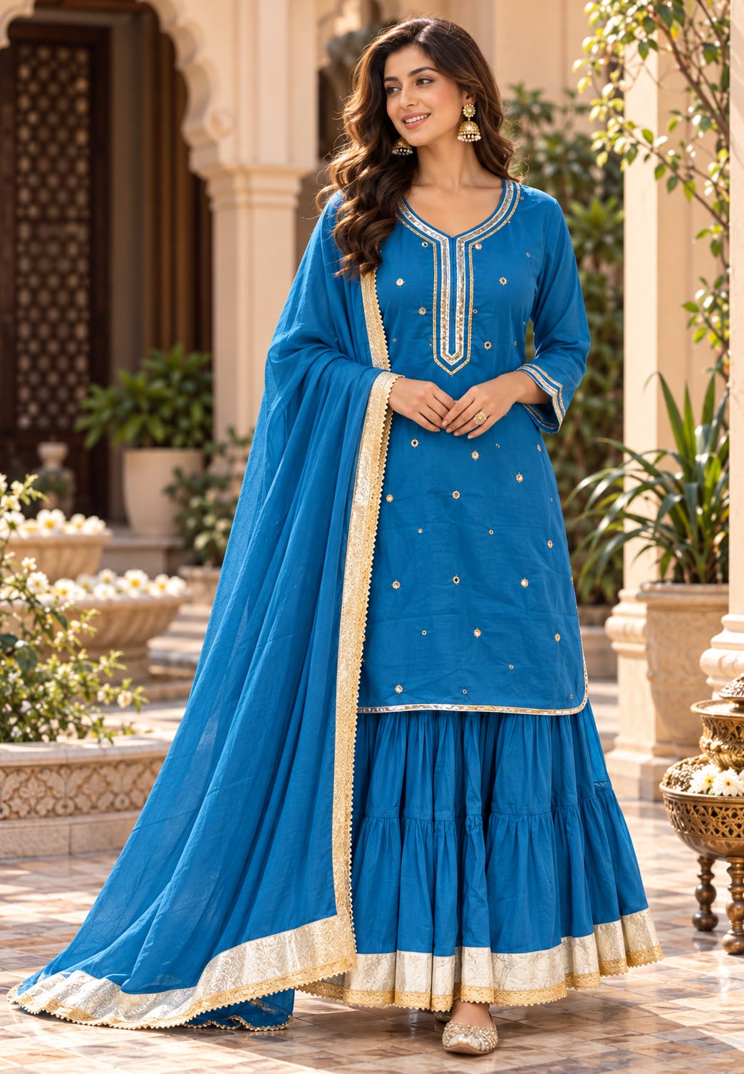 Mulcotton Beautiful Gotta Patti Foil Mirror Work Pleated Flared Sharara Full Suit Set With Matching Dupatta- 16989