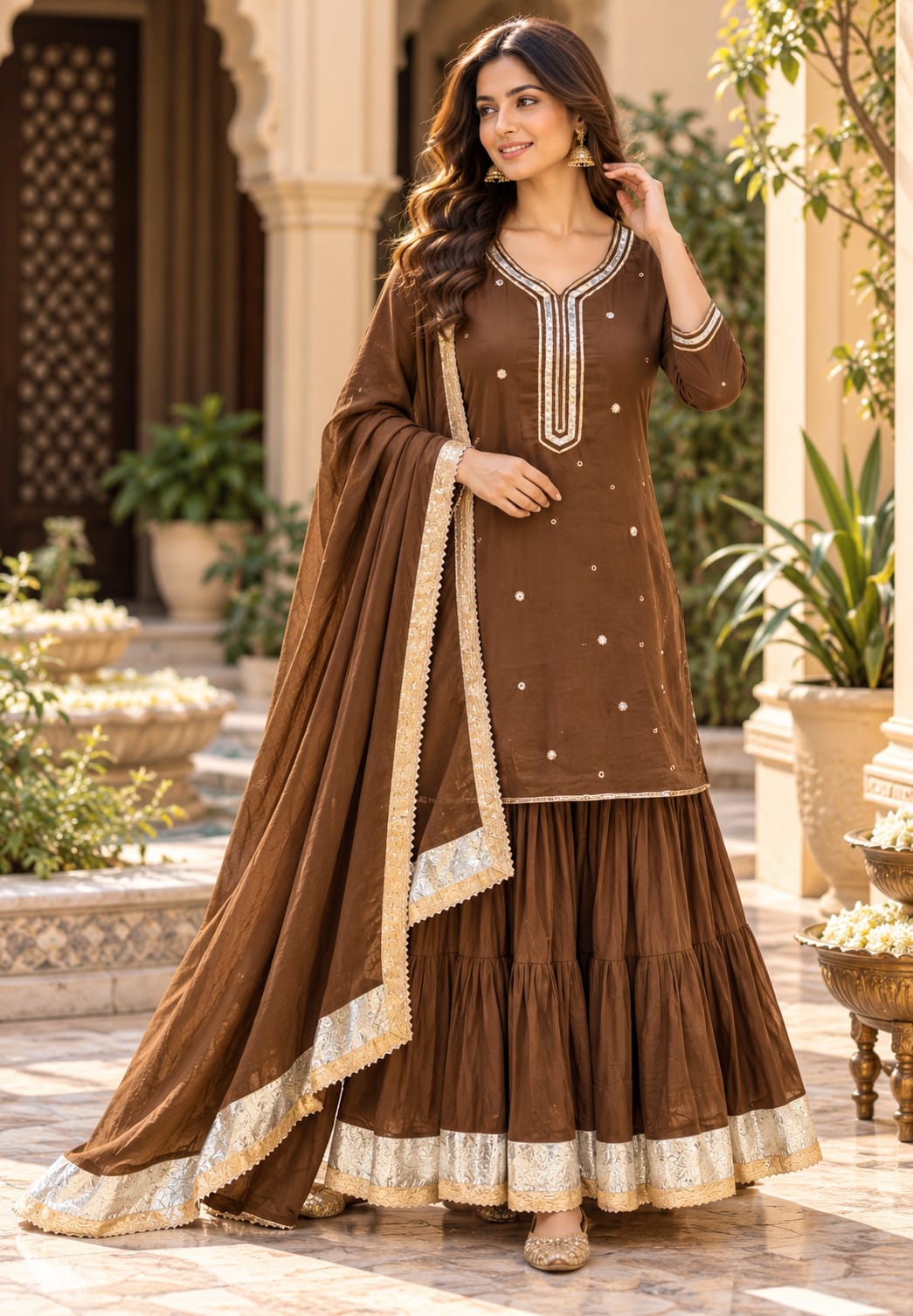 Mulcotton Beautiful Gotta Patti Foil Mirror Work Pleated Flared Sharara Full Suit Set With Matching Dupatta- 16989