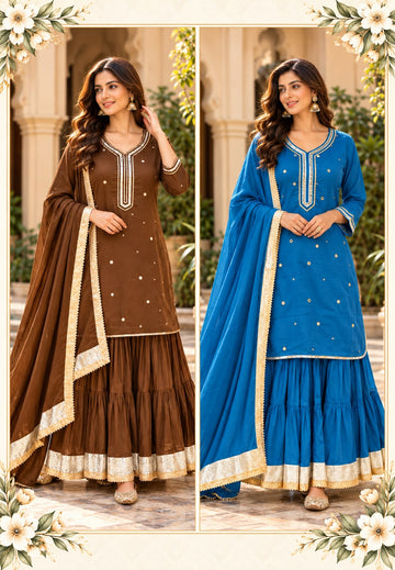 Mulcotton Beautiful Gotta Patti Foil Mirror Work Pleated Flared Sharara Full Suit Set With Matching Dupatta- 16989