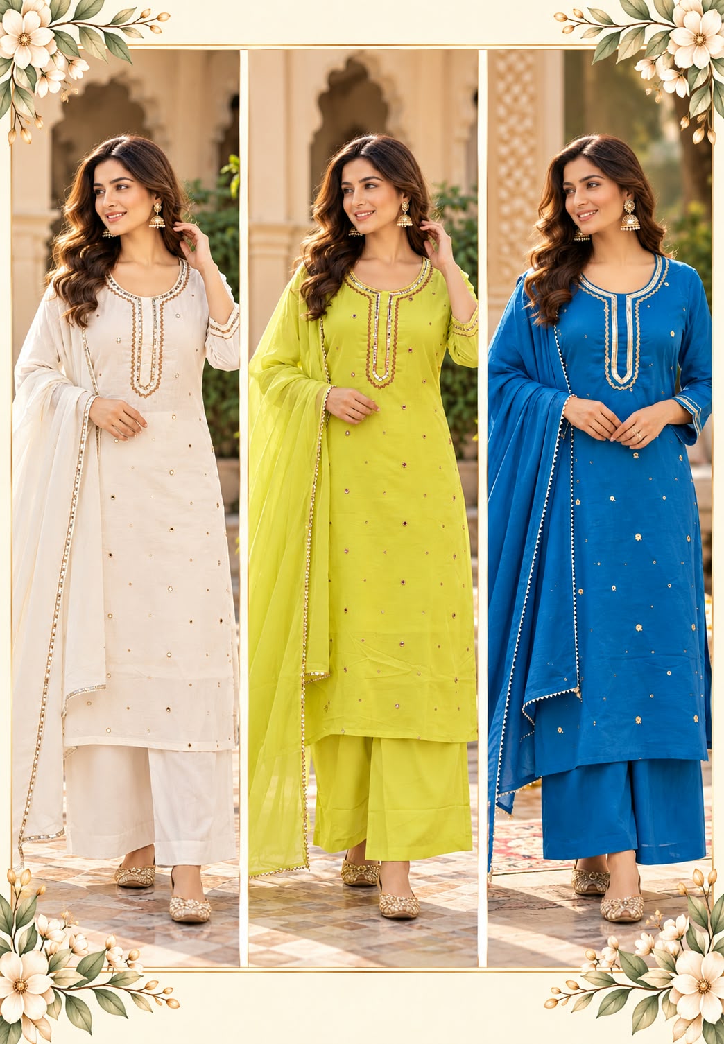 Beautiful Foil Mirror Work Mulcotton Straight Cut Solid Color Matching Full Suit Set With Dupatta- 16990