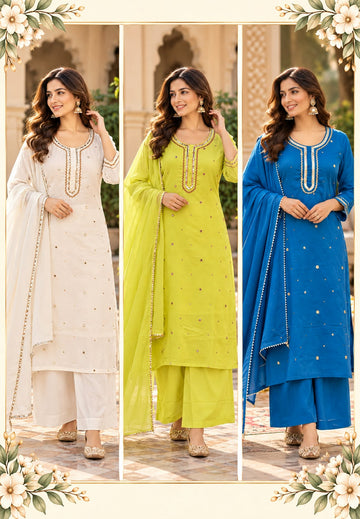 Beautiful Foil Mirror Work Mulcotton Straight Cut Solid Color Matching Full Suit Set With Dupatta- 16990