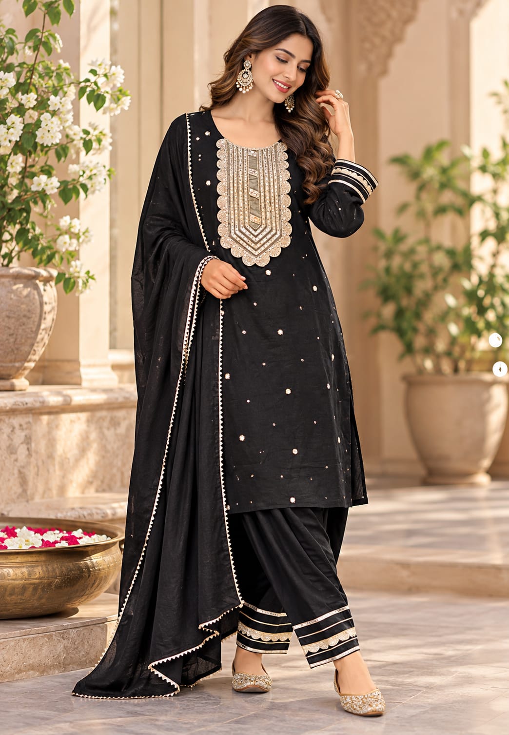 Mul-Cotton Foil Mirror Gotta Yoke Straight Cut Full Suit Set With Outlined Farshi Bottom & Dupatta- 16988