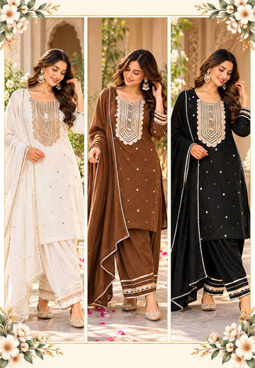 Mul-Cotton Foil Mirror Gotta Yoke Straight Cut Full Suit Set With Outlined Farshi Bottom & Dupatta- 16988