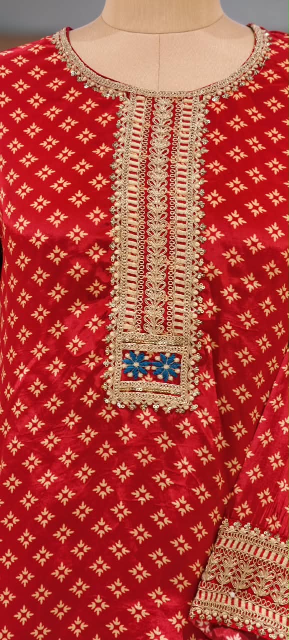 Premium Crepe Kurta Pant Set in Maroon Red with Intricate Embroidery Over Neckline & Sleeve- 16991
