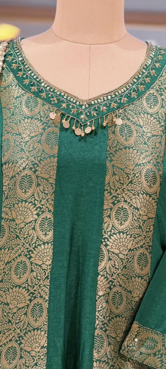 Russian Silk Brocade Panel Aline Elegant Full Suit Set- 16776