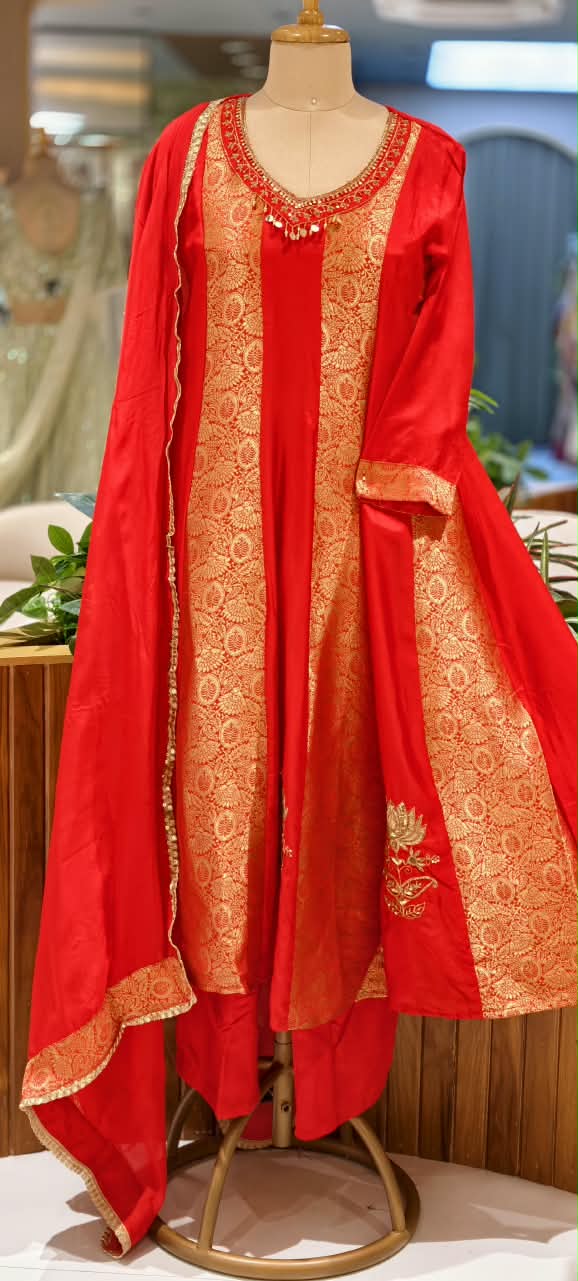 Russian Silk Brocade Panel Aline Elegant Full Suit Set- 16776