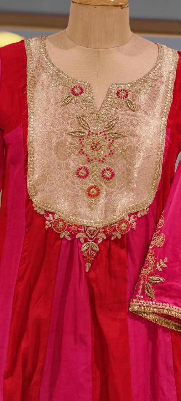 Pure Mulchanderi Pink Red Panel Aline Full Suit with Intricate Banarsi Yoke patch Dual Organza Dupatta  16983