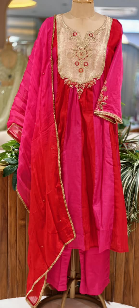 Pure Mulchanderi Pink Red Panel Aline Full Suit with Intricate Banarsi Yoke patch Dual Organza Dupatta  16983