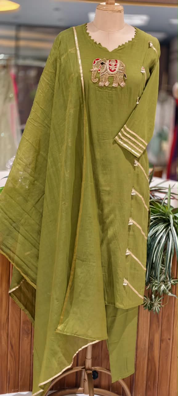 Pure Mulchanderi Olive Green  Set with Peacock Embroidery 16945