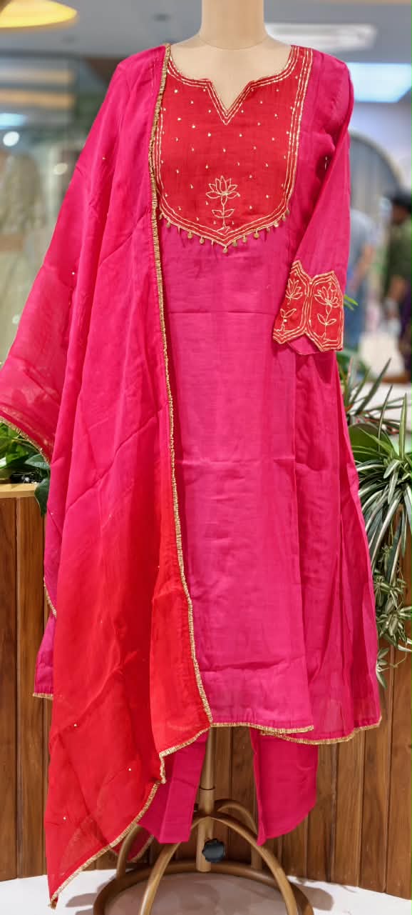 Pure Mul Chanderi Silk Embroidered Full Suit Set with Dupatta -16779