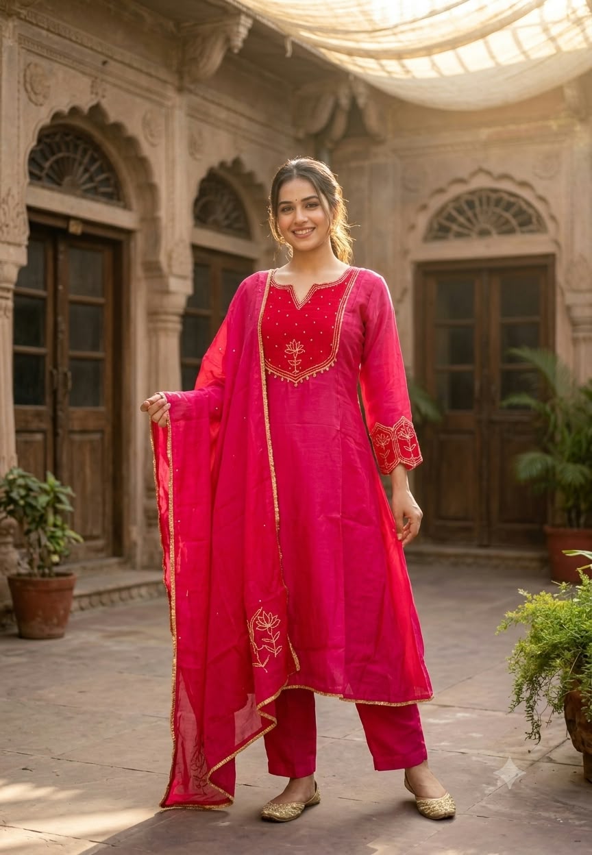 Pure Mul Chanderi Silk Embroidered Full Suit Set with Dupatta -16779