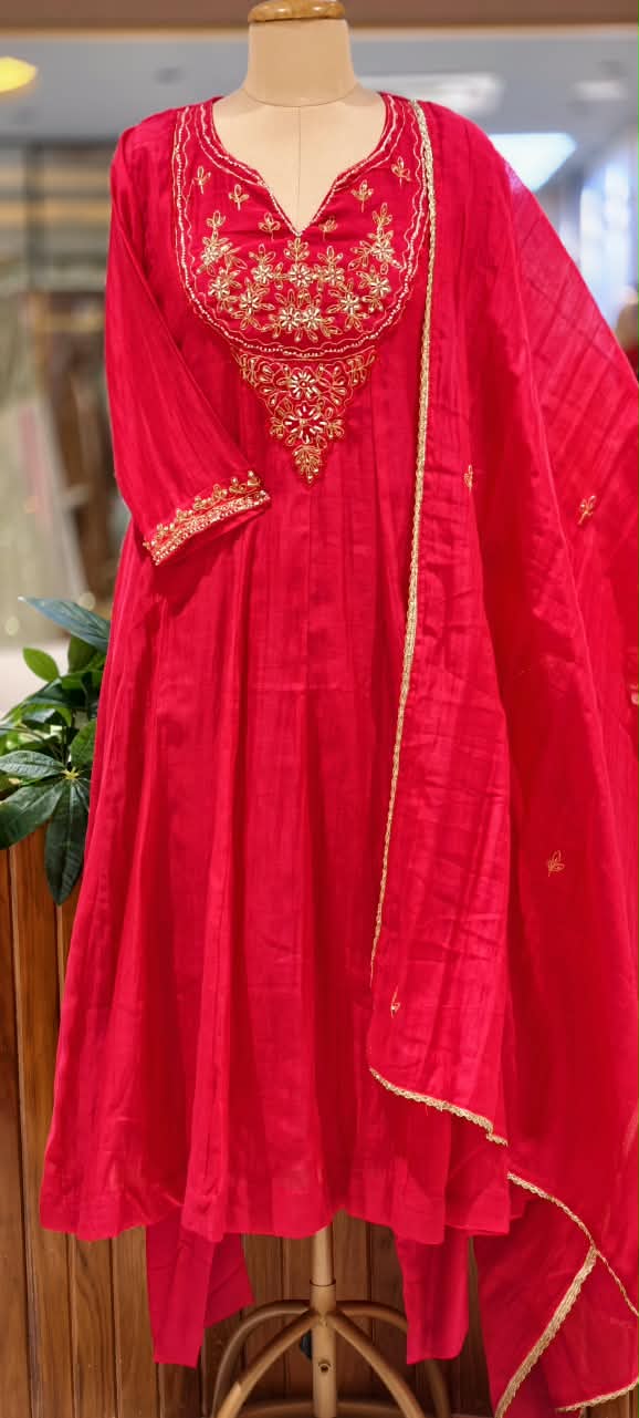 Pure mulchanderi Kali Cut Aline Full Suit Set With Embroidered Yoke 16219