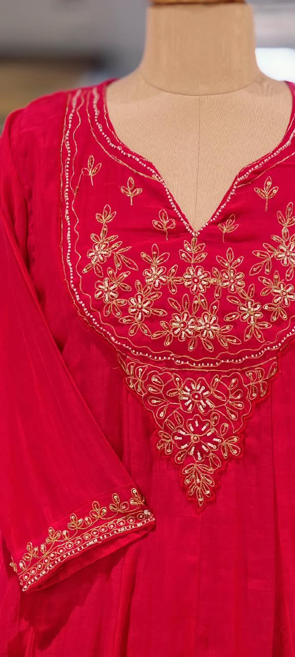 Pure mulchanderi Kali Cut Aline Full Suit Set With Embroidered Yoke 16219